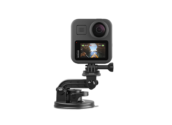 GoPro Max 360° montée sur un support pivotant, avec un arrière-plan neutre pour focaliser l'attention sur les détails de la caméra et son support