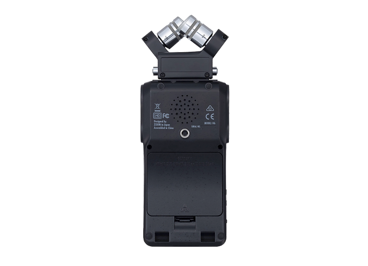 Vue arrière ZOOM H6 : slots pour carte SD, sortie ligne, haut-parleur