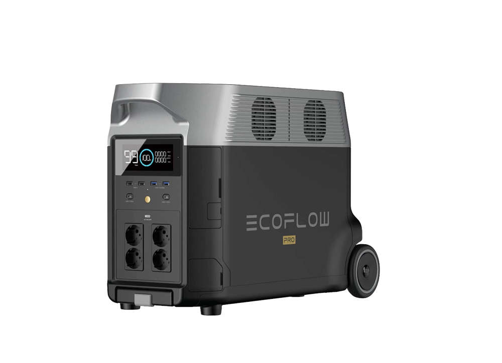 Vue en perspective de l'EcoFlow DELTA Pro 3600W, illustrant l'interface utilisateur avec l'écran et les ports de sortie, et offrant une vue sur la robustesse et le design fonctionnel de l'unité