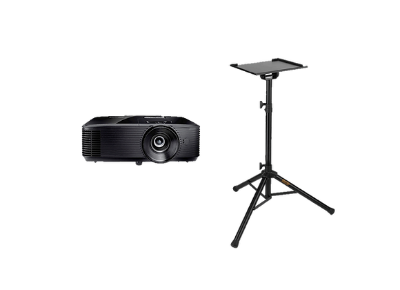 Projecteur Optoma noir avec un objectif centré, présenté à côté d'un trépied de support réglable avec une petite plateforme