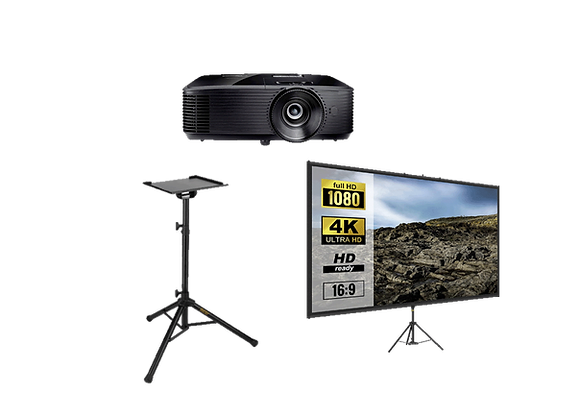 Ensemble de présentation multimédia comprenant un projecteur Optoma noir, un trépied de support avec plateau et un écran affichant des résolutions 1080p et 4K, isolé sur fond transparent