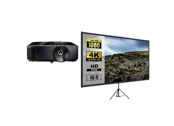 Écran de présentation montrant les détails de résolution en 1080p et 4K avec un projecteur Optoma en arrière-plan, tous deux sur un fond transparent