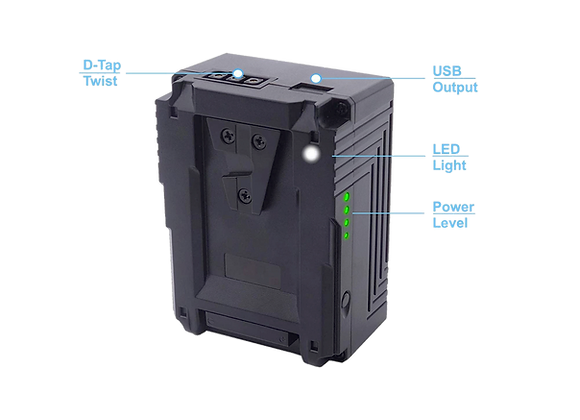 Détail des sorties Batterie V-Lock Baxxtar 95Wh noire avec indicateur de charge led en location