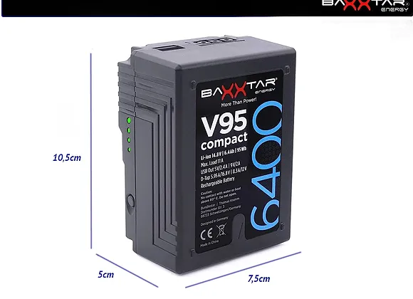 Batterie V-Lock Baxxtar 95Wh noire avec dimensions en location