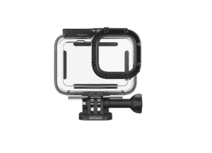 Caisson étanche GoPro de face, montrant le hublot frontal et les boutons de commande