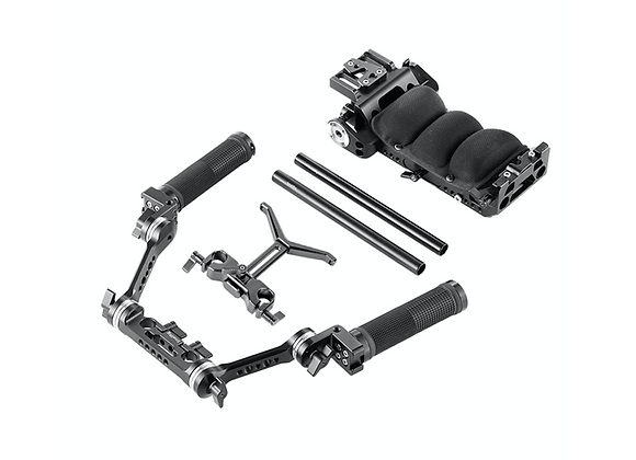 Épaulière cross ciné smallrig démontée montrant les pièces: Support épaule, 2 tiges de 15mm, poignées, en location